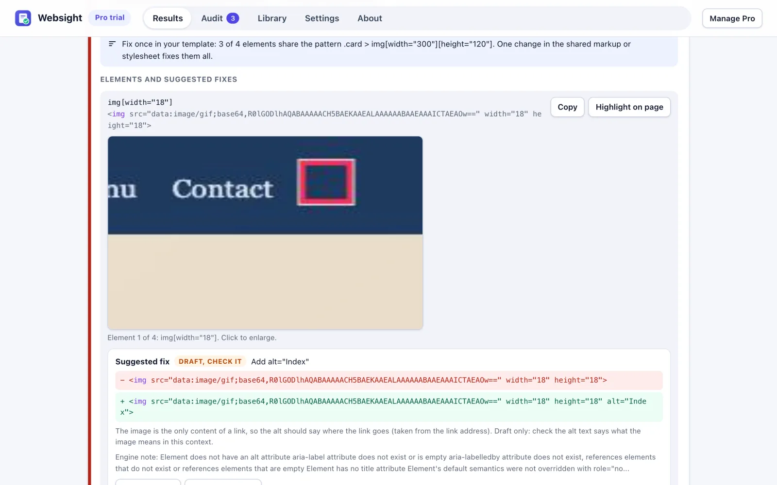 An issue card for images that must have alternative text, with why it matters, the affected element, a screenshot of it and a suggested before-and-after fix.