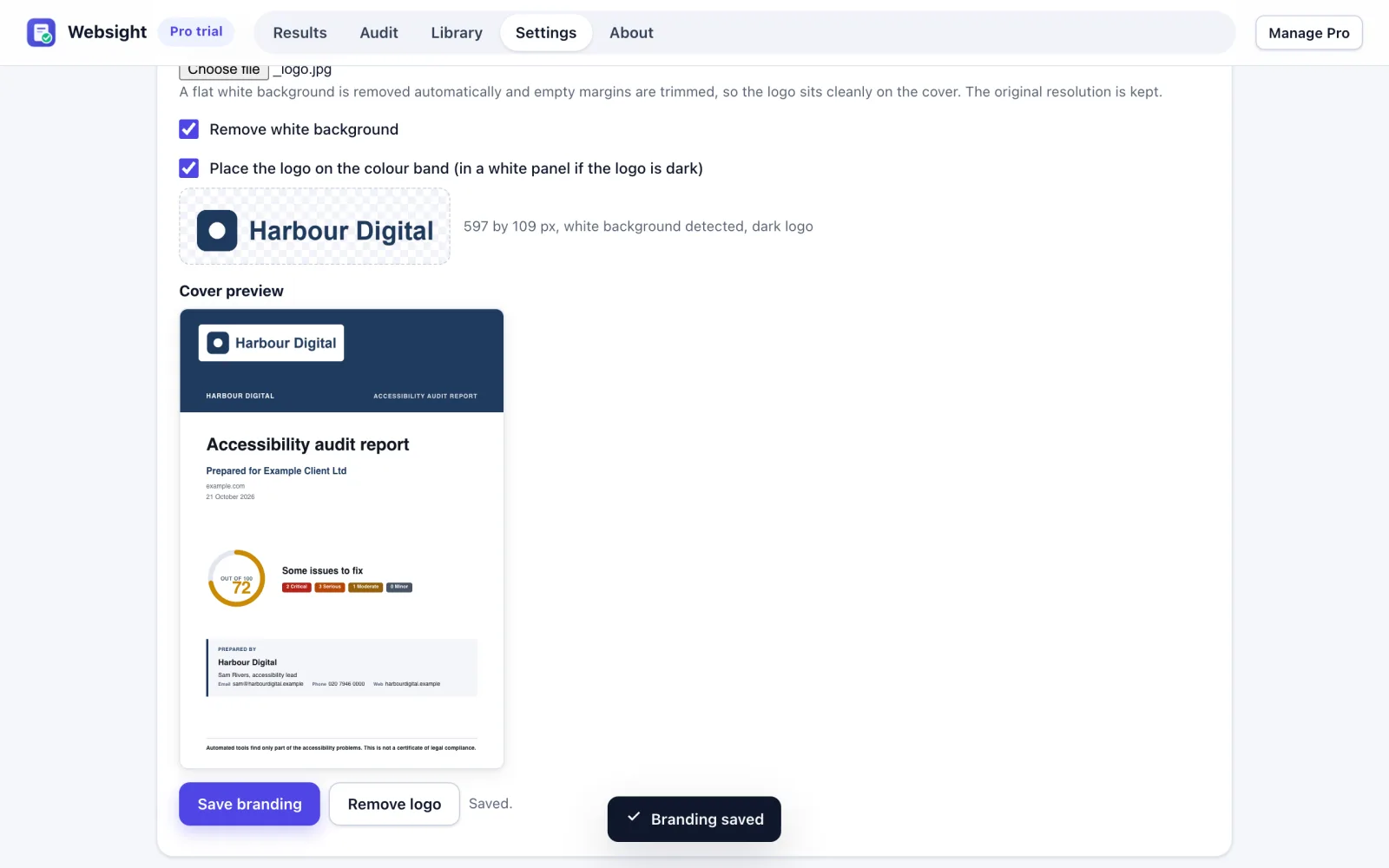 Settings screen with the agency logo, prepared-by details and a live preview of the report cover.
